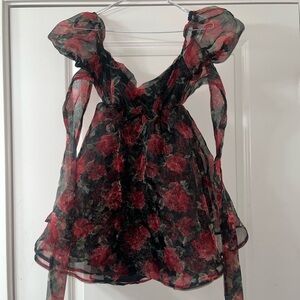 Red chiffon roses mini dress